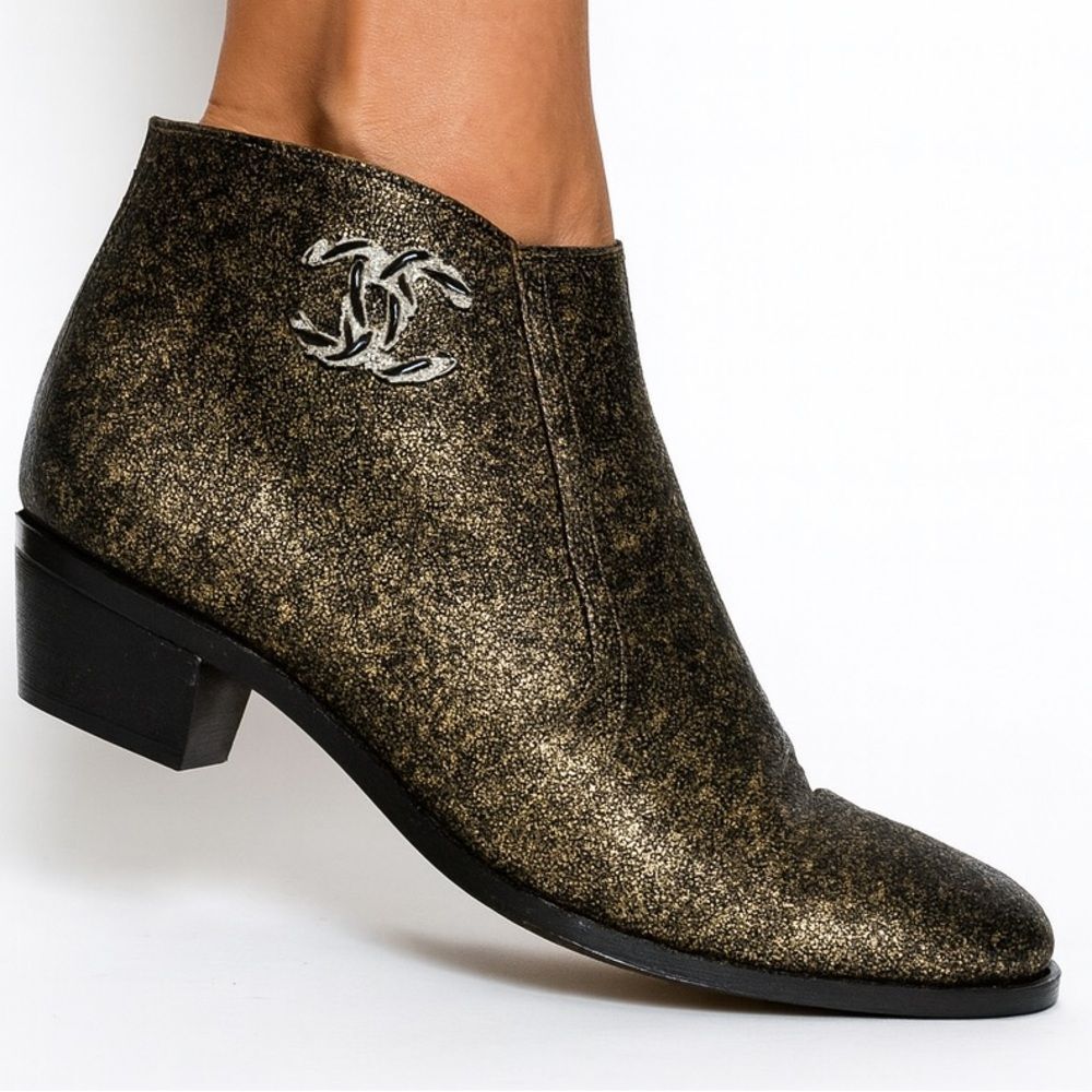CHANEL Brown Metallic Coated CC Logo Block Heel Ankle Boots Size EU36.5